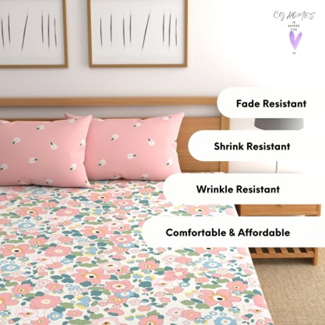 Cotton Double Printed Fitted (Elastic) 180 TC Bedsheet (Pack of 1, Pink Flower)