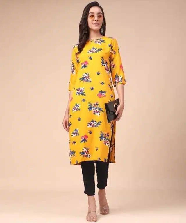 Women Crepe Printed Kurta (Yellow, L) (SD-623)