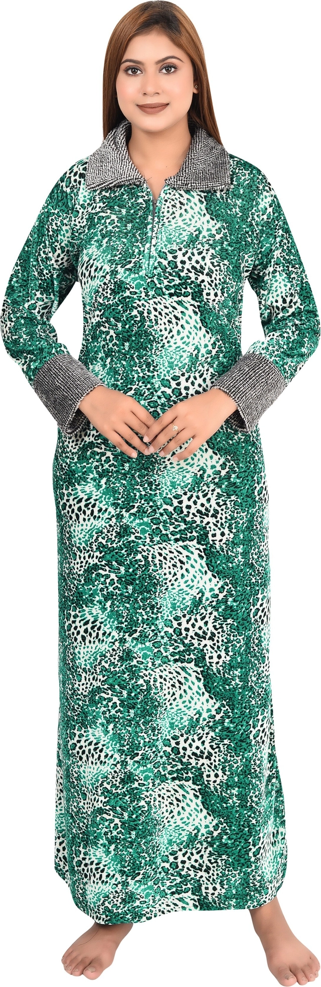 Velvet Printed Nightdress for Women (Green, Free Size)