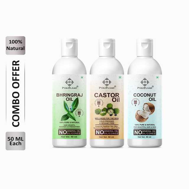 Puriflame Pure Bhringraj Oil (50 ml), Castor Oil (50 ml) & Coconut Oil (50 ml) Combo for Rapid Hair Growth (Pack Of 3) (B-9278)
