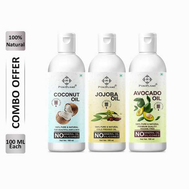 PuriFlame Pure Coconut Oil (100 ml) & Jojoba Oil (100 ml) & Avocado Oil (100 ml) Combo For Rapid Hair Growth (Pack Of 3) (B-3801)