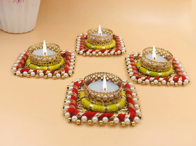 Metal Designer Tealight Candle Holder (Multicolor, 8x8x2.5 cm) (Pack of 4)