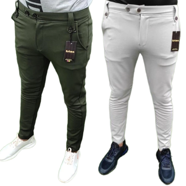 Lycra Solid Trousers for Men (Olive & Grey, 28) (Pack of 2)