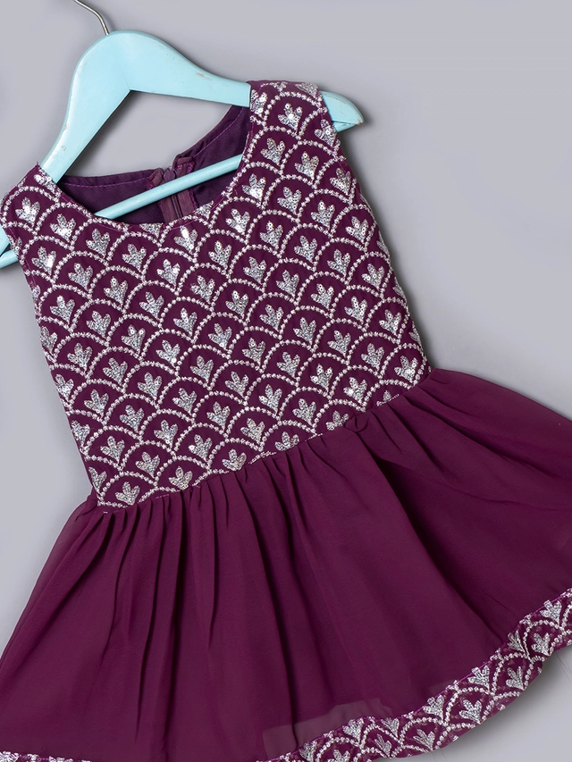 Georgette Embroidered Kurti with Sharara & Dupatta for Girls (Purple, 10-11 Years)