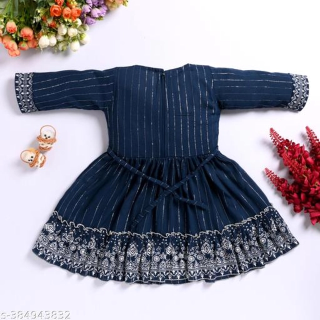 Cotton Embroidered Frock for Girls (Navy Blue, 1-2 Years)