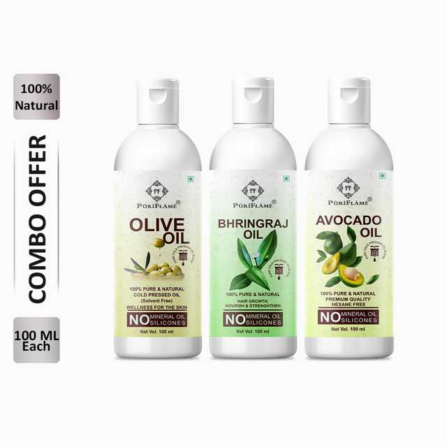 PuriFlame Pure Olive Oil (100 ml) & Bhringraj Oil (100 ml) & Avocado Oil (100 ml) Combo For Rapid Hair Growth (Pack Of 3) (B-6086)