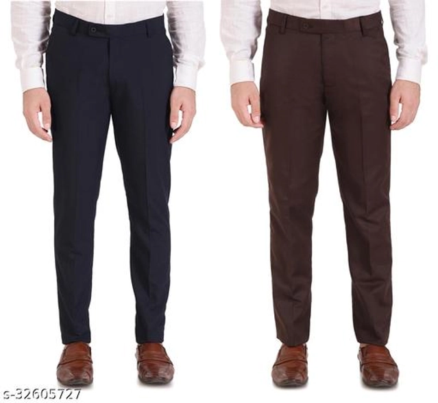 Cotton Blend Formal Pant for Men (Navy Blue & Brown, 28) (Pack of 2)