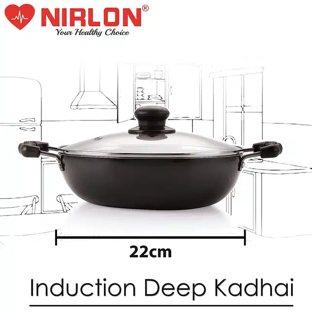 NIRLON Aluminium Kadhai with Lid (Black & Transparent, 2250 ml)
