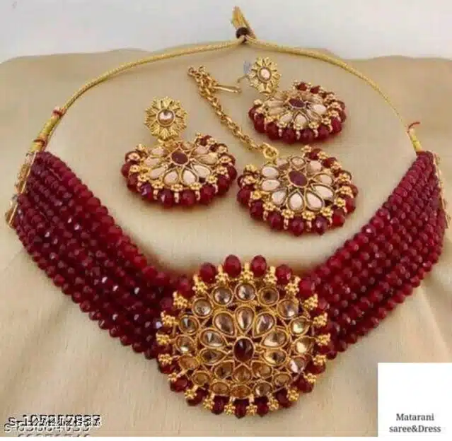 Choker Necklace Set for Women (Maroon, Set of 1)