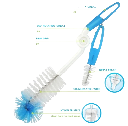 Combo of Nipple & Bottle Cleaning Brushes (Blue & White, Set of 2)