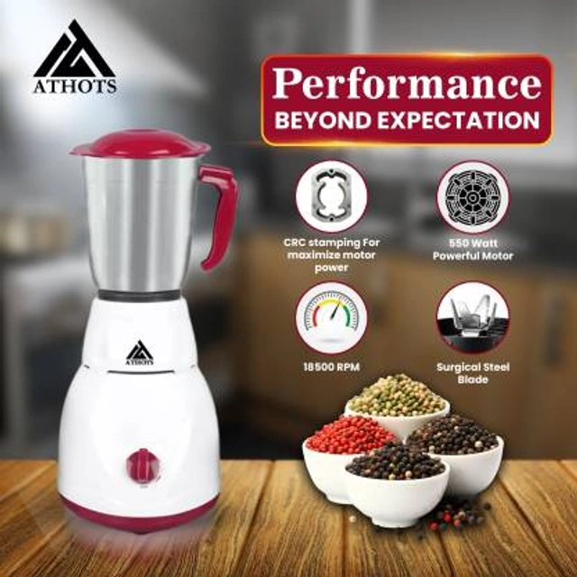 ATHOST Eco Mingle CNC Hybrid POWER FULL 555 Juicer Mixer Grinder (3 Jars, White, cheery)