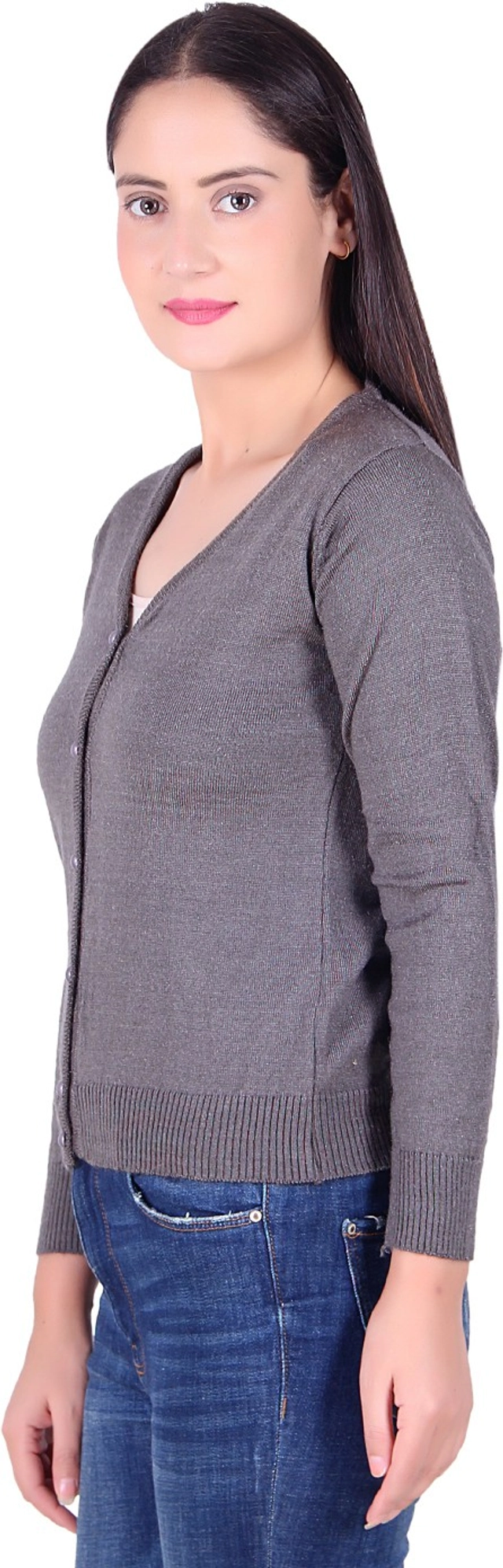 V Neck Solid Cardigans for Women (Dark Grey, M)