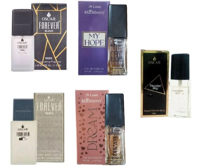 Combo of Oscar Forever Paris Grey 10 ml, Forever Black Perfume 10 ml, Forever Thunder Boy Perfume 10 ml, Dreams Perfume 15ml, & My Hope Perfume 15 ml (Pack of 5)