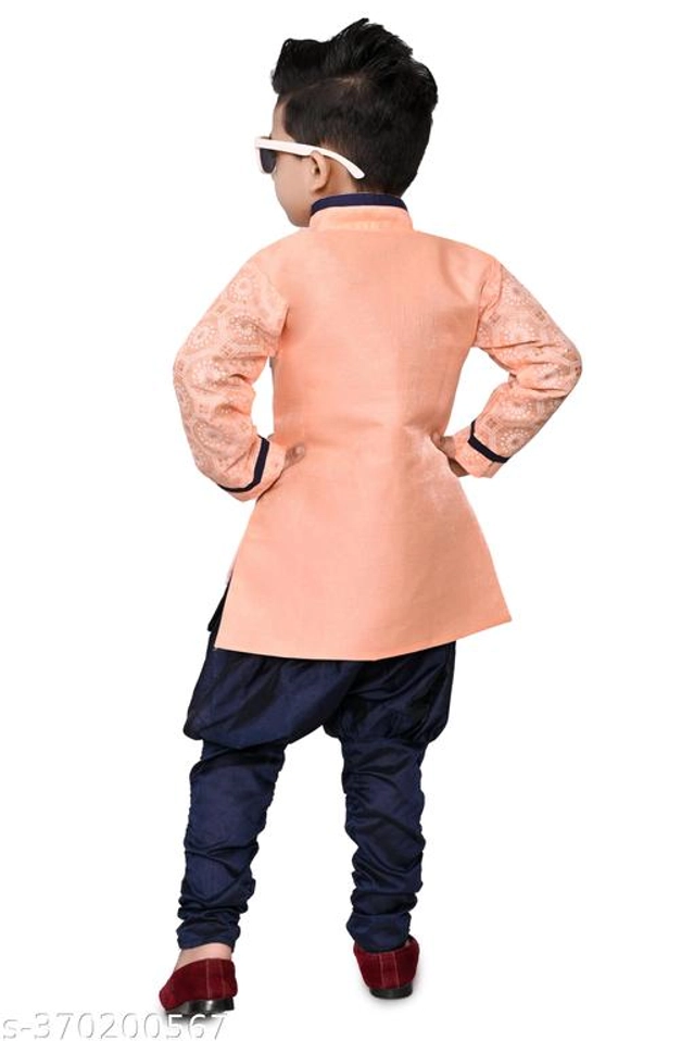 Cotton Blend Sherwani for Boys (Peach & Navy Blue, 9-12 Months)