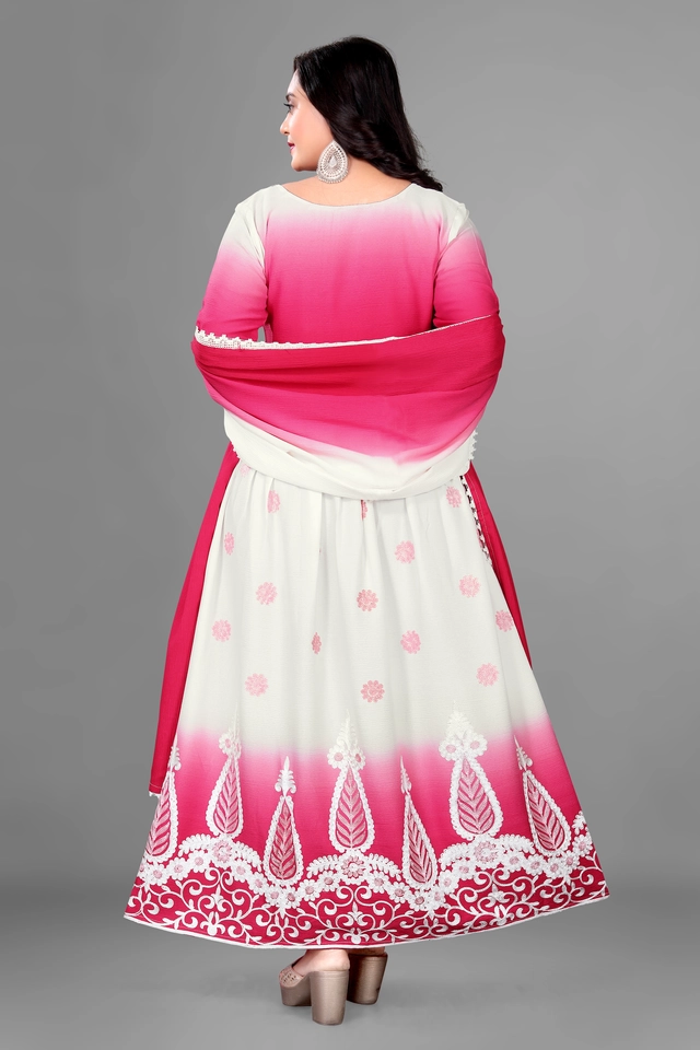 Jute Silk Ethnic Motif Gown with Dupatta for Women (Pink & White, S)