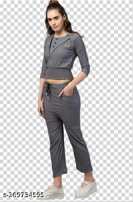 Cotton Blend Solid Top & Bottom Set for Women (Grey, L)