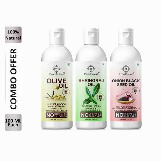 PuriFlame Pure Olive Oil (100 ml) & Bhringraj Oil (100 ml) & Onionblackseed Oil (100 ml) Combo For Rapid Hair Growth (Pack Of 3) (B-6096)