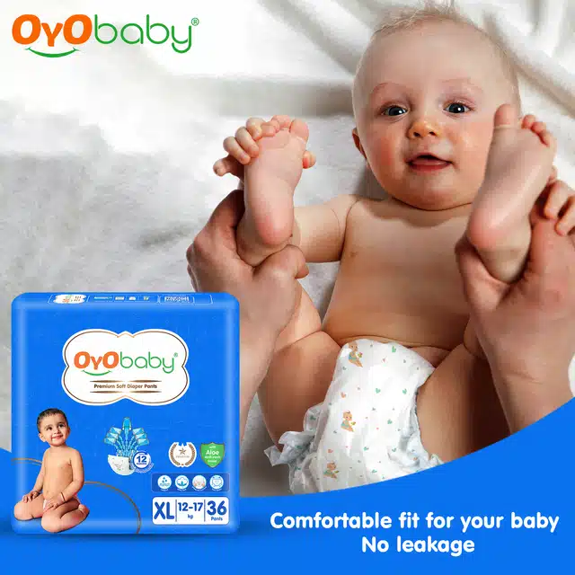 Oyo Baby Diaper Pants With Aloe Anti Rash Shield | 12 Hours Protection |X- Large - 12 To 17 Kg (36 Units - Pack Of 2)