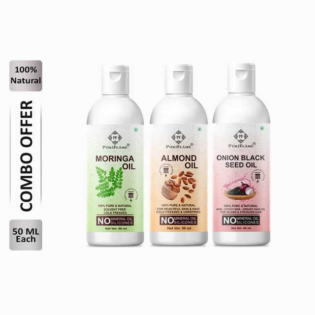 Puriflame Pure Moringa Oil (50 ml), Almond Oil (50 ml) & Onion Black Seed Oil (50 ml) Combo for Rapid Hair Growth (Pack Of 3) (B-11683)