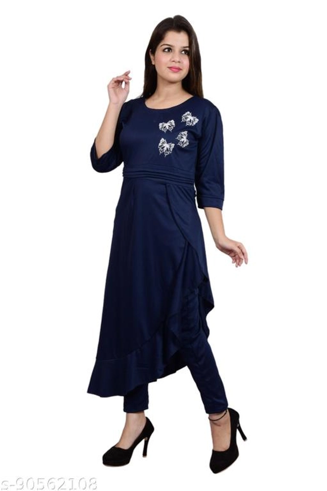 Lycra Solid Kurti with Pant for Women (Navy Blue, S)