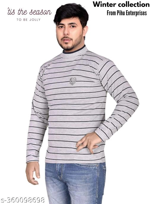 Woolen Striped Sweater for Men (Grey, M)