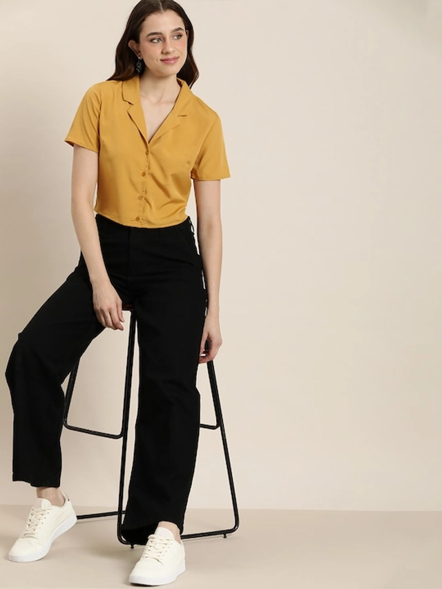 Half Sleeves Solid Crop Shirt for Women (Mustard, S)