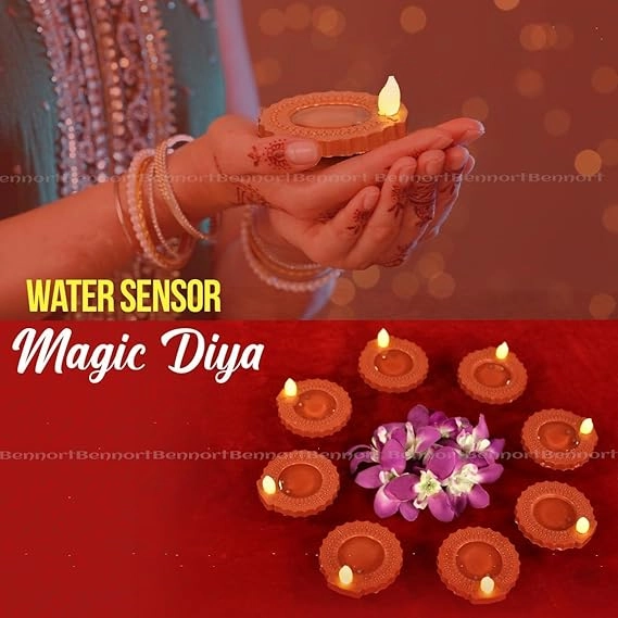 Plastic Traditional Water Sensor LED Diya for Diwali (Brown, Pack of 6)