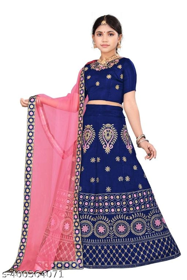 Satin Embroidered Lehenga with Choli & Dupatta for Girls (Blue & Pink, 2-3 Years)