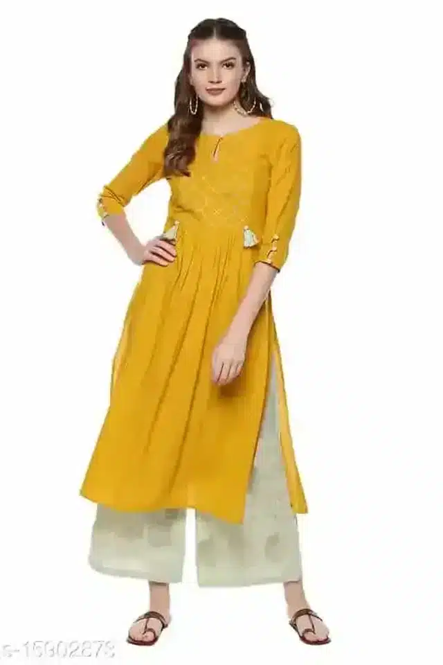 Women Rayon Straight Solid Yellow Kurti