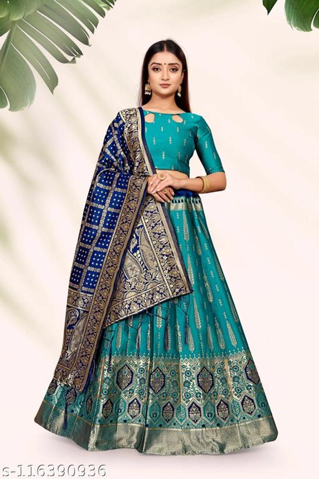 Silk Printed Semi Stitched Lehenga Choli with Dupatta for Women (Blue & Teal, Free Size)