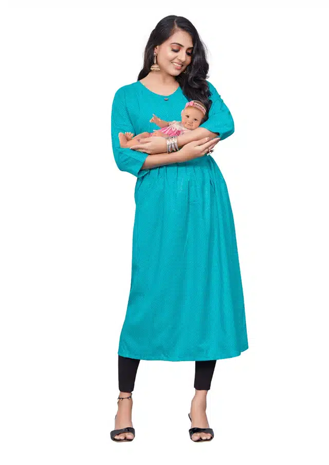 Women's Maternity Kurti with Adjustable Waist Belt & Front Vertical Zipper (Aqua Blue, XXL) (DE-121)