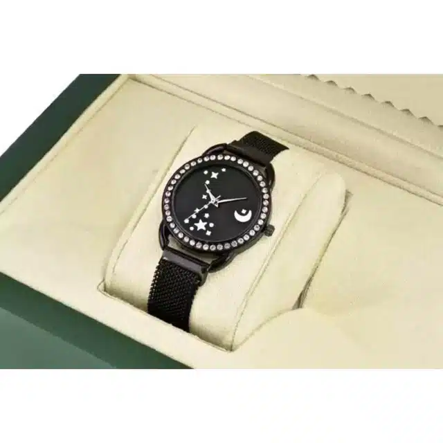Analog Watch with Magnetic Strap for Women & Girls (Black)
