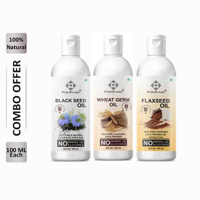 PuriFlame Pure Blackseed Oil (100 ml) & Wheat Germ Oil (100 ml) & Flaxseed Oil (100 ml) Combo For Rapid Hair Growth (Pack Of 3) (B-3283)