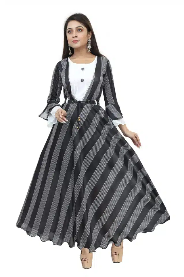 Three Quarter Sleeves Gown for Girls (Black & White, 9-10 Years)