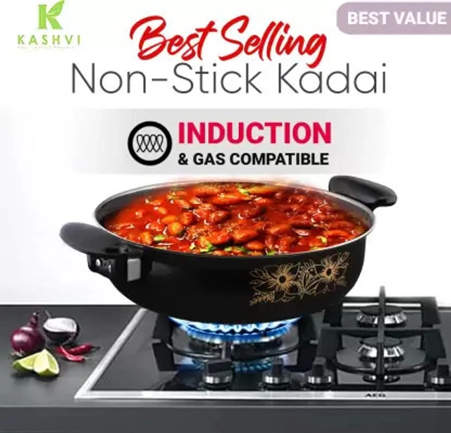 Cast Iron Kadai (Black, 28 cm)