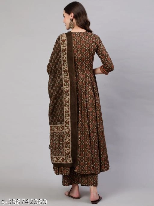 Cotton Printed Anarkali Kurti with Pant & Dupatta for Women (Brown, S)