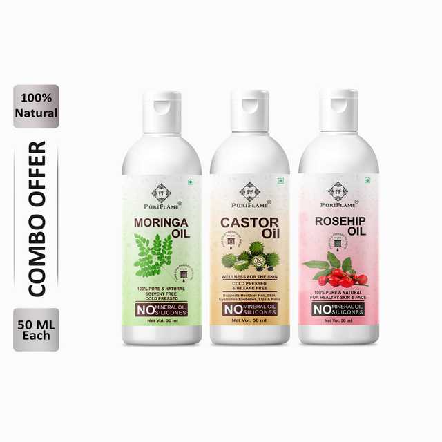 Puriflame Pure Moringa Oil (50 ml), Castor Oil (50 ml) & Rosehip Oil (50 ml) Combo for Rapid Hair Growth (Pack Of 3) (B-11753)