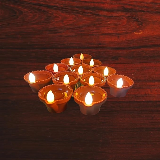 Plastic Traditional Water Sensor LED Diya for Diwali (Brown, Pack of 12)