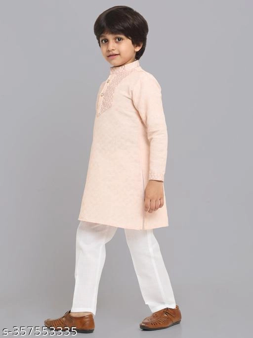 Cotton Blend Kurta with Pyjama for Boys (Peach & White, 9-12 Months)