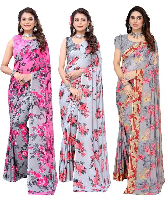 Women's Designer Floral Printed Saree with Blouse Piece (Pack of 3) (Multicolor) (SD-257)
