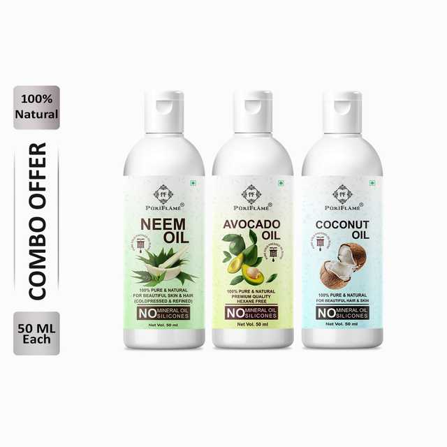 Puriflame Pure Neem Oil (50 ml), Avocado Oil (50 ml) & Coconut Oil (50 ml) Combo for Rapid Hair Growth (Pack Of 3) (B-11999)