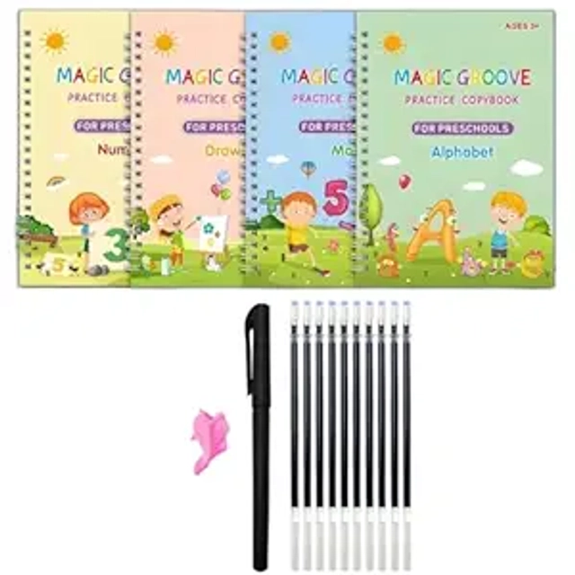 Practice 4 Pcs Copybook with 10 Pcs Refill, Pen & Grip for Kids (Multicolour, Set of 1)