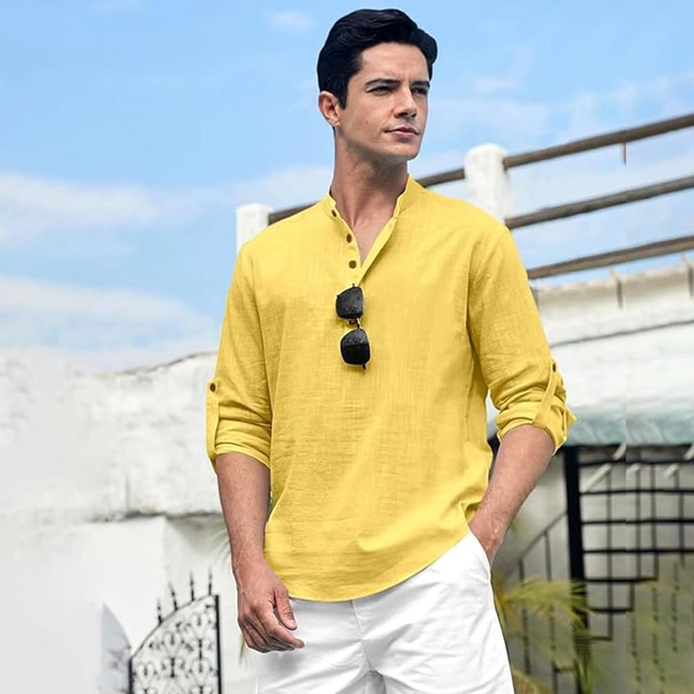 Cotton Solid Kurta for Men (Yellow, S)