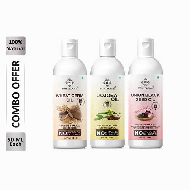 Puriflame Pure Wheat Germ Oil (50 ml), Jojoba Oil (50 ml) & Onion Black Seed Oil (50 ml) Combo for Rapid Hair Growth (Pack Of 3) (B-14285)