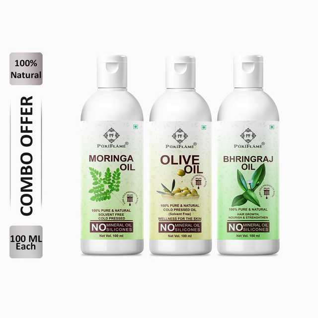 PuriFlame Pure Moringa Oil (100 ml) & Olive Oil (100 ml) & Bhringraj Oil (100 ml) Combo For Rapid Hair Growth (Pack Of 3) (B-5565)