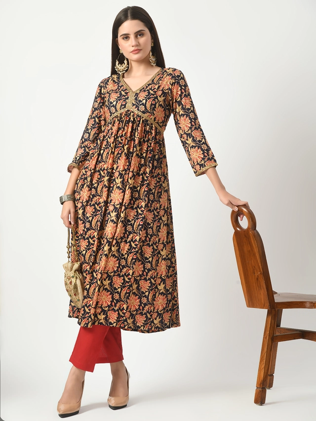 Rayon Printed Kurti with Pant for Women (Brown, M)