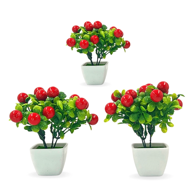 Plastic Bonsai Rose Plant with Pot (Multicolor, Pack of 3)