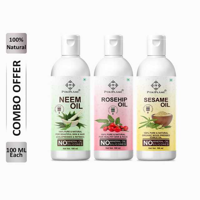 PuriFlame Pure Neem Oil (100 ml) & Rosehip Oil (100 ml) & Sesame Oil (100 ml) Combo For Rapid Hair Growth (Pack Of 3) (B-5973)