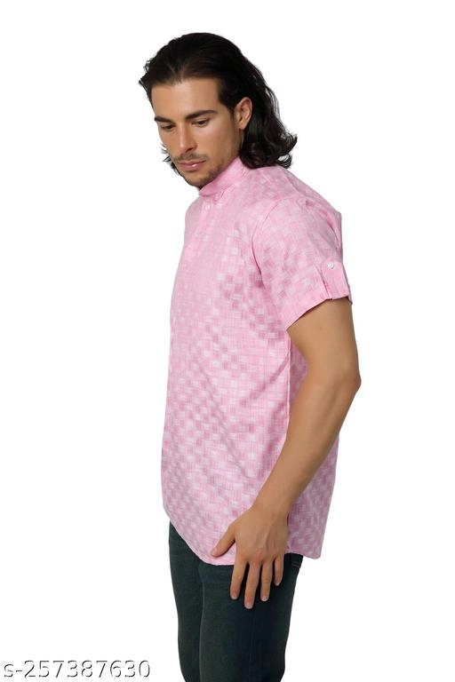 Cotton Blend Printed Short Kurta for Men (Pink, S)