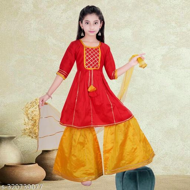 Dupion Silk Kurta Sets for Girls (Red & Yellow, 2-3 Years)